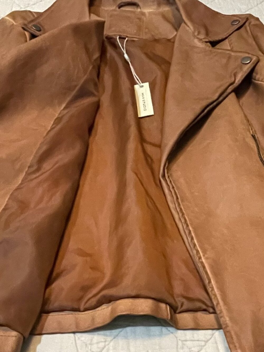 NWT Max Studio Large Women's Cognac Everyday Casual Faux Leather Moto Jacket - Picture 9 of 16
